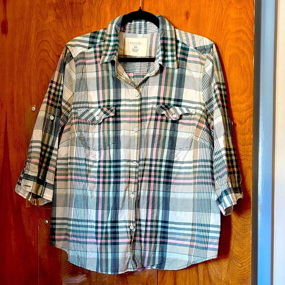 Sonoma Women’s Pink and Teal Plaid Top